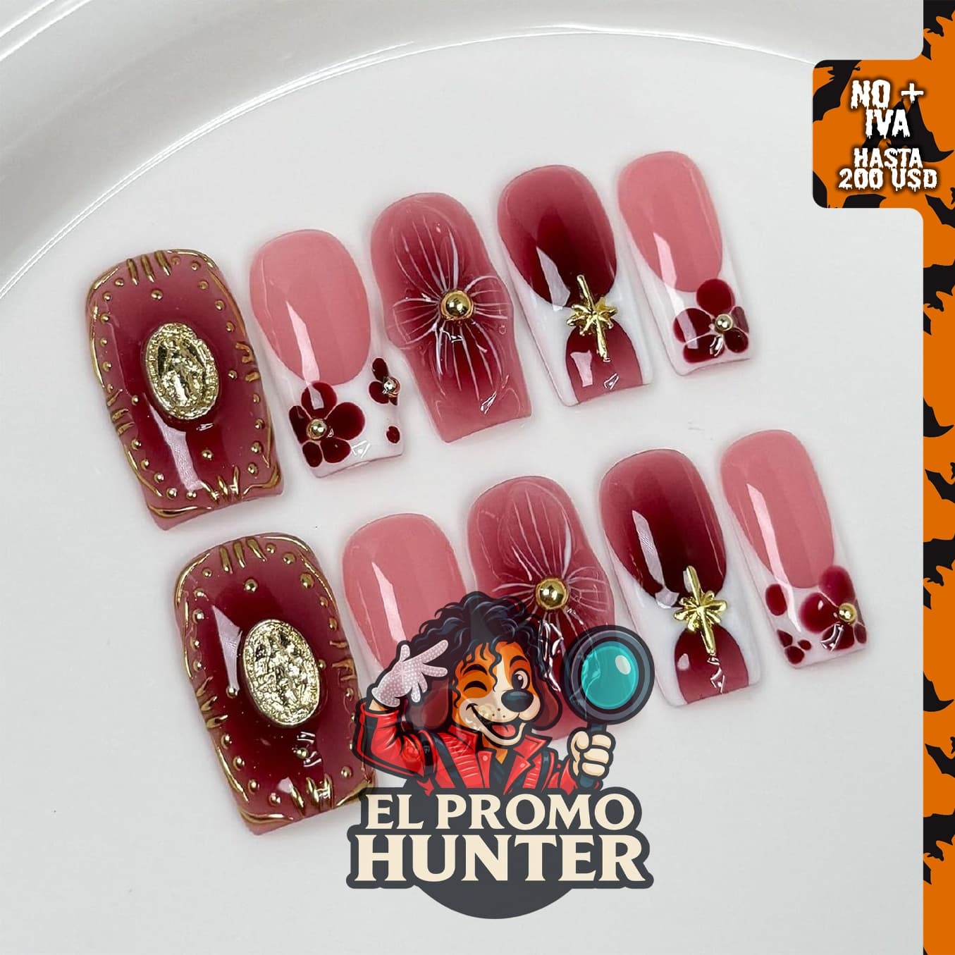 10 Pcs Uñas Postizas Cuadradas Medianas Hechas a Mano (Tamaño M)