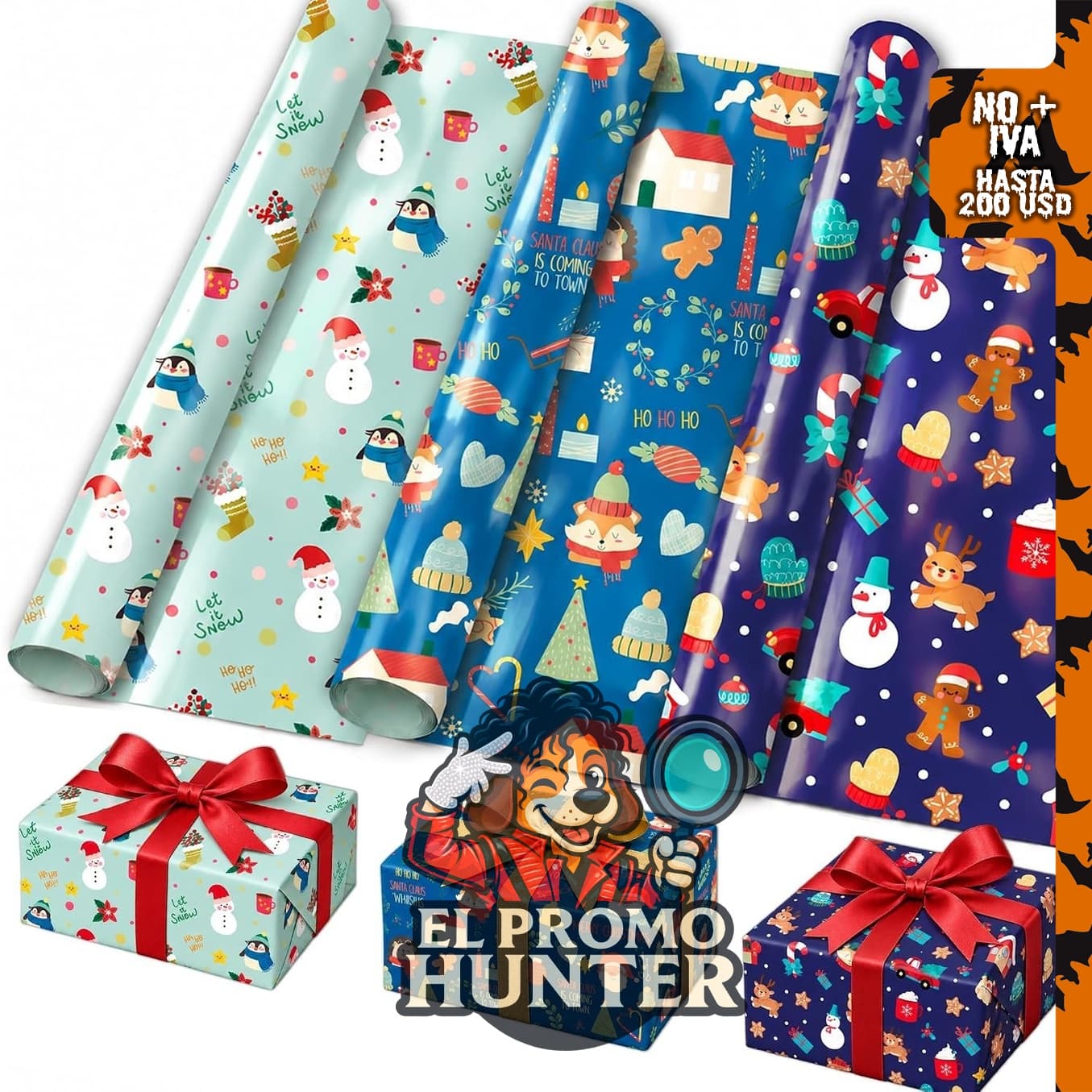 Papel de regalo de Navidad y bolsas para envolver regalos.