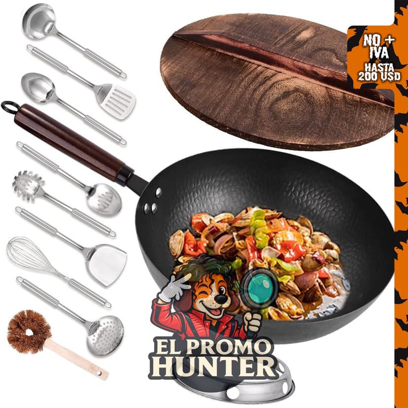 Leidawn Wok de acero al carbono de 32.5 cm, incluye 11 piezas.