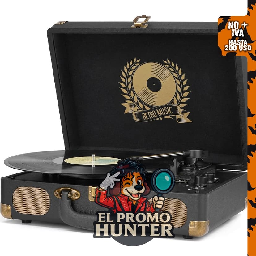 Tocadiscos de vinilo Bluetooth portátil de 3 velocidades con altavoces integrados y salida RCA.