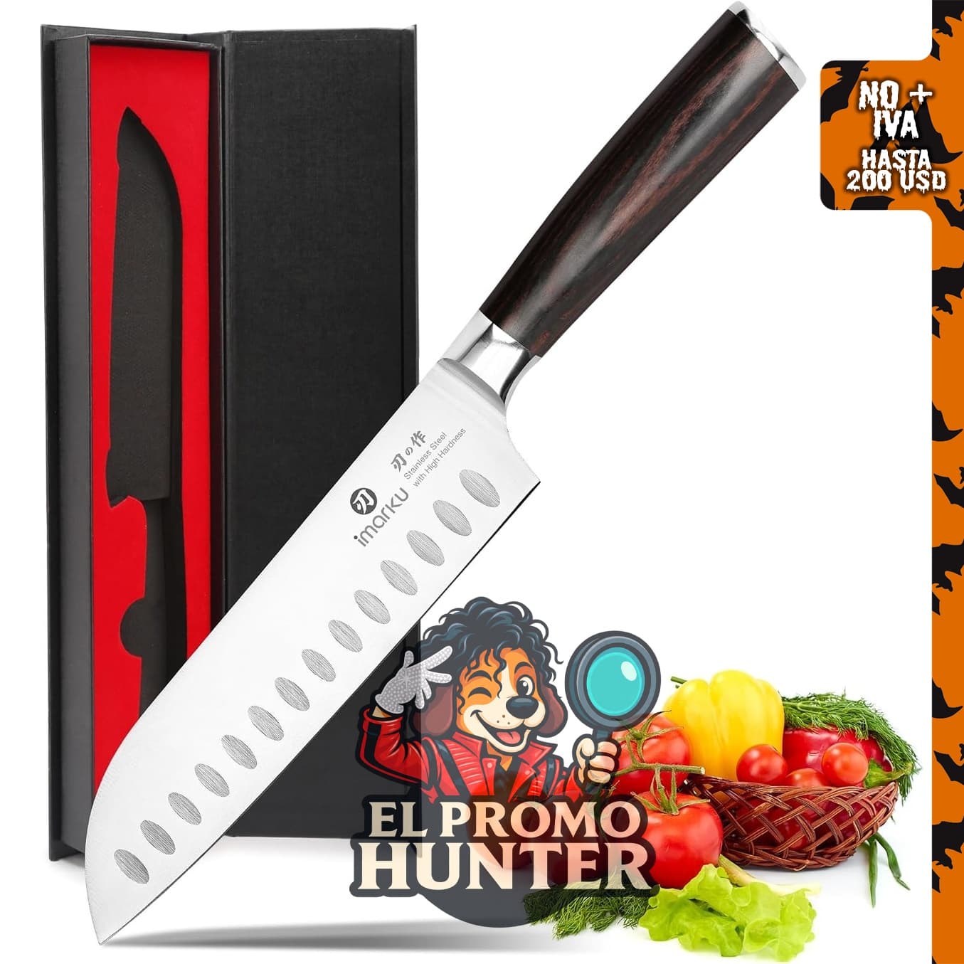 imarku Santoku, cuchillo de chef japonés de 7" (18 cm) ultra afilado.