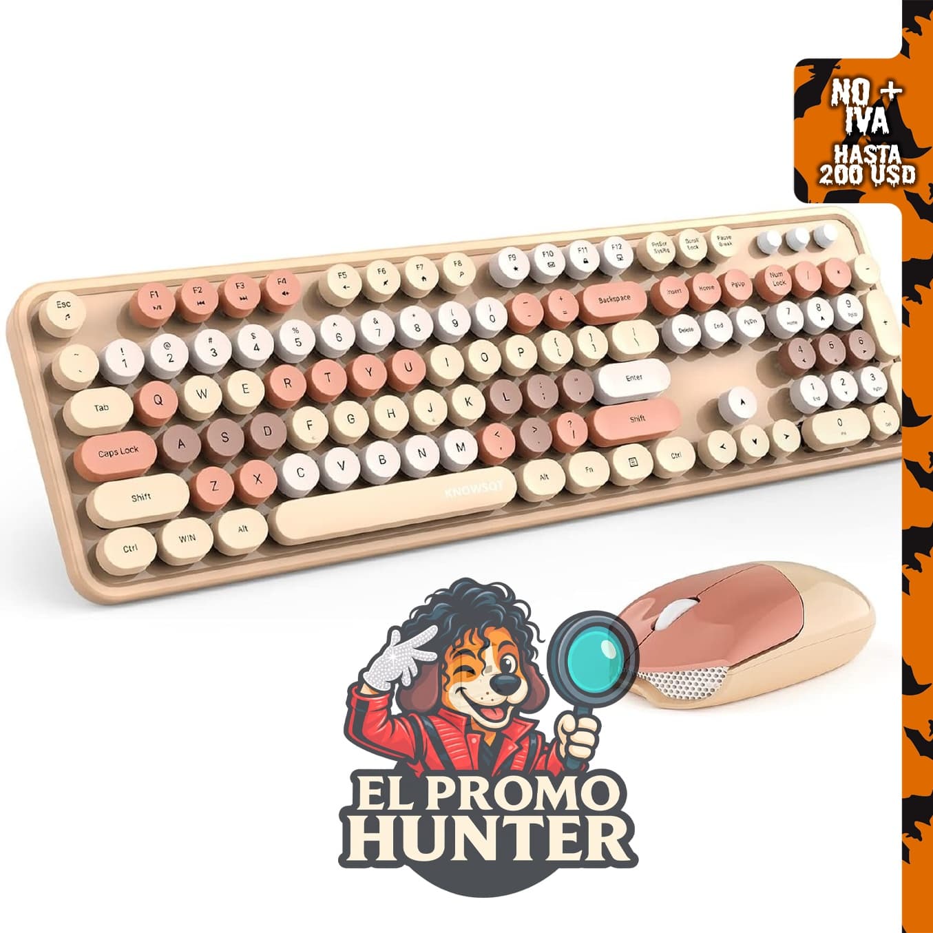 KNOWSQT MilkTea - Combo de teclado y mouse inalámbricos, 104 teclas redondas, receptor USB Plug and Play.