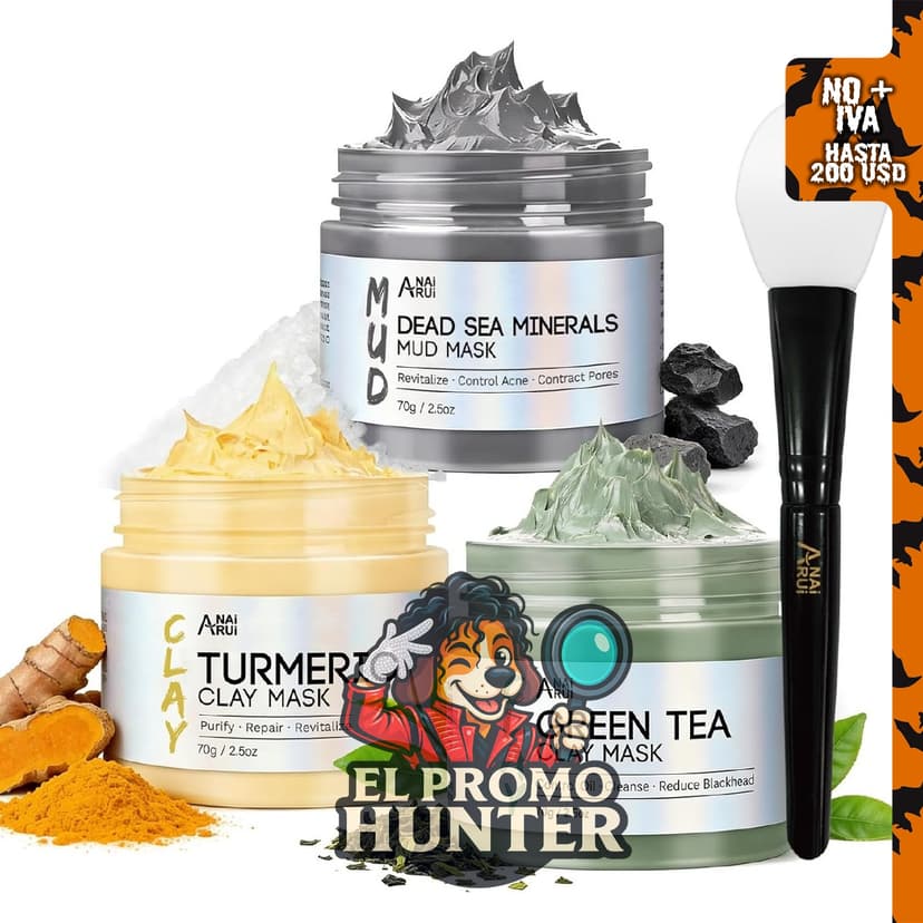 ANAI RUI Juego de 3 mascarillas faciales de cúrcuma, té verde y arcilla.