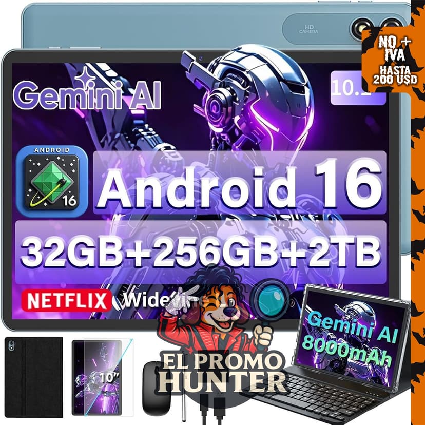 Tablet Android de 10" (25.4 cm) con 32GB de almacenamiento interno y expansión de hasta 2TB.