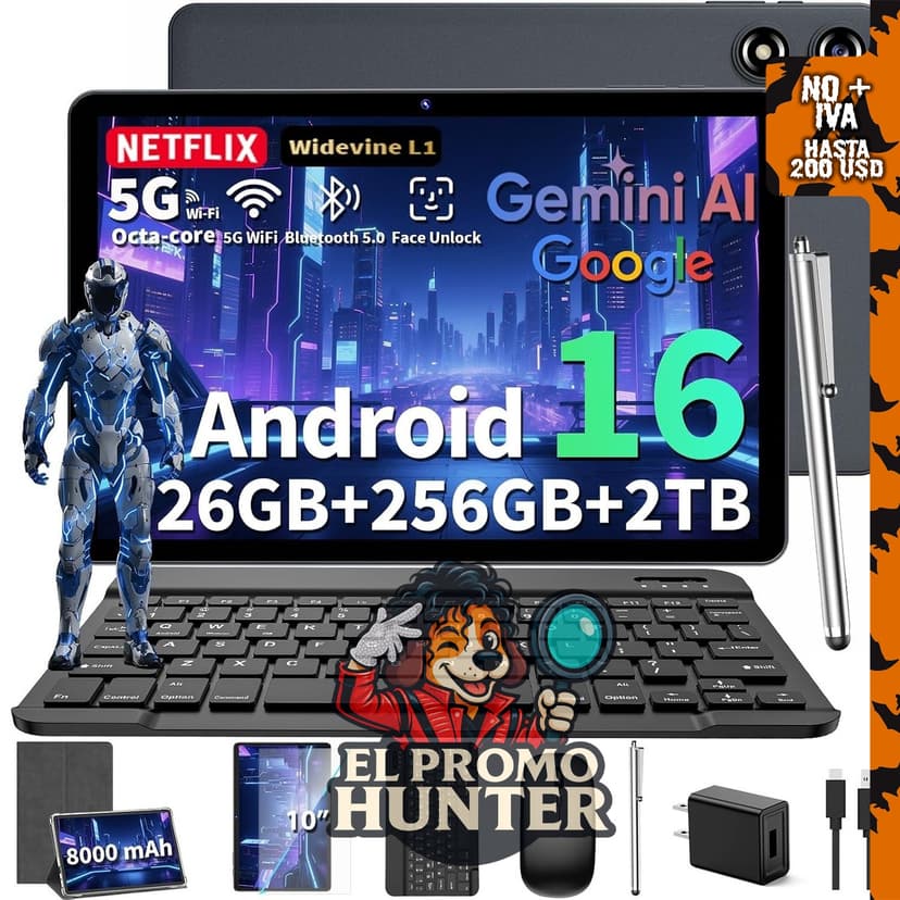 Tablet Android de 10 pulgadas con 26 GB de RAM y 256 GB de almacenamiento, expandible hasta 2 TB.
