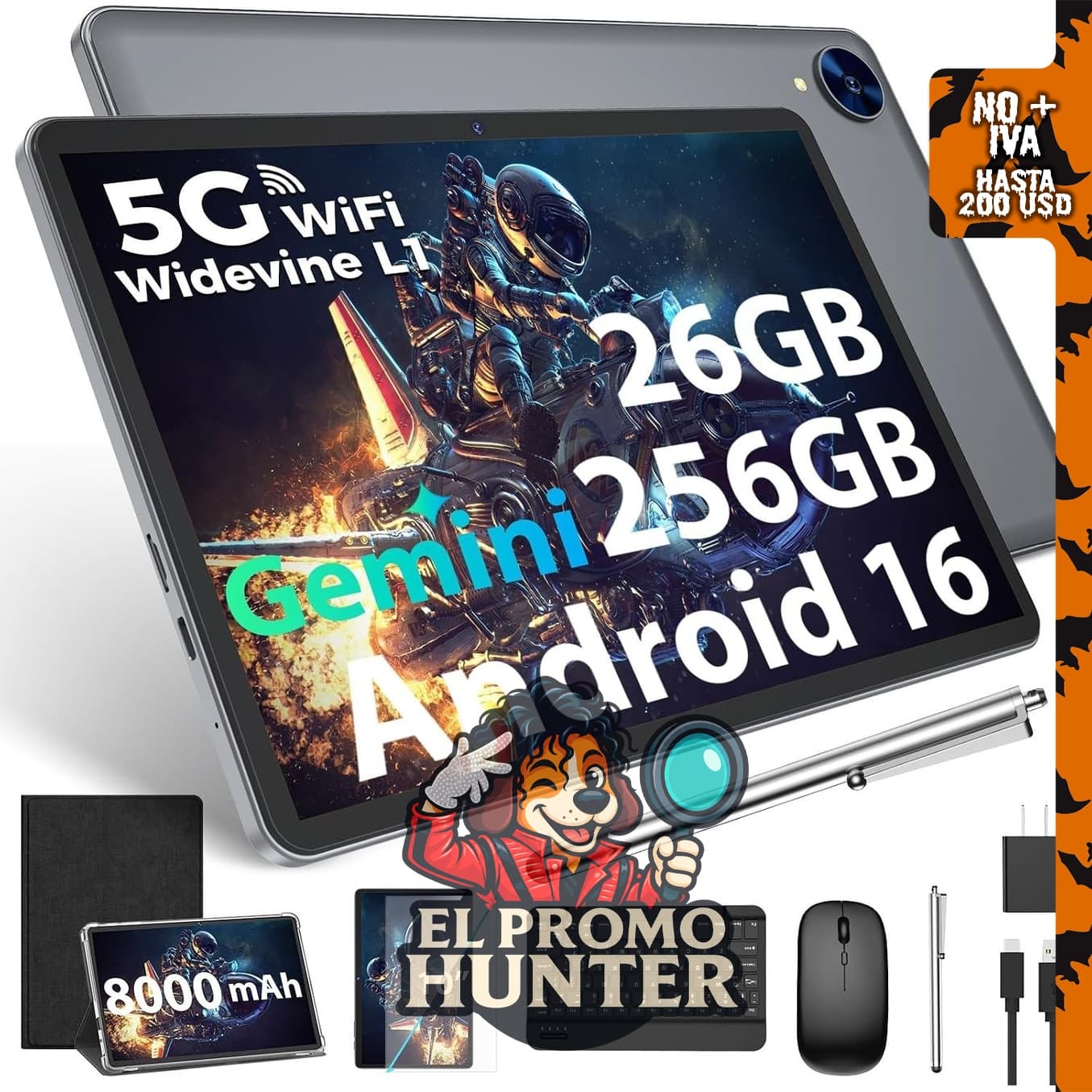 Tablet Android 16 con teclado, 10" (25.4 cm), 26GB RAM, 256GB almacenamiento, expansión hasta 2TB.