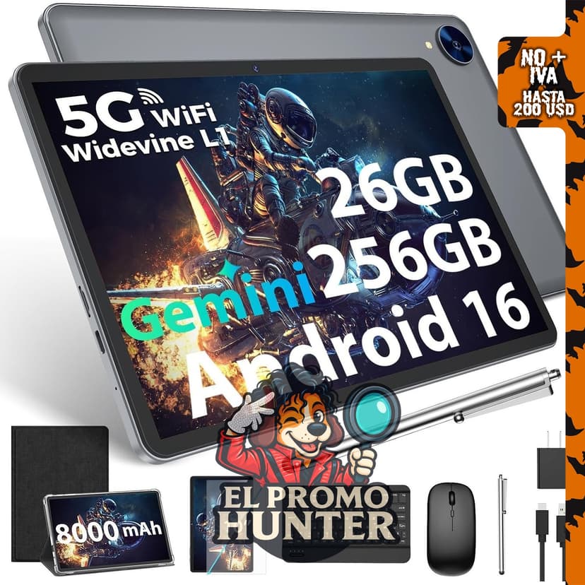Tablet Android 16 con teclado, 10" (25.4 cm), 26GB RAM, 256GB almacenamiento, expansión hasta 2TB.