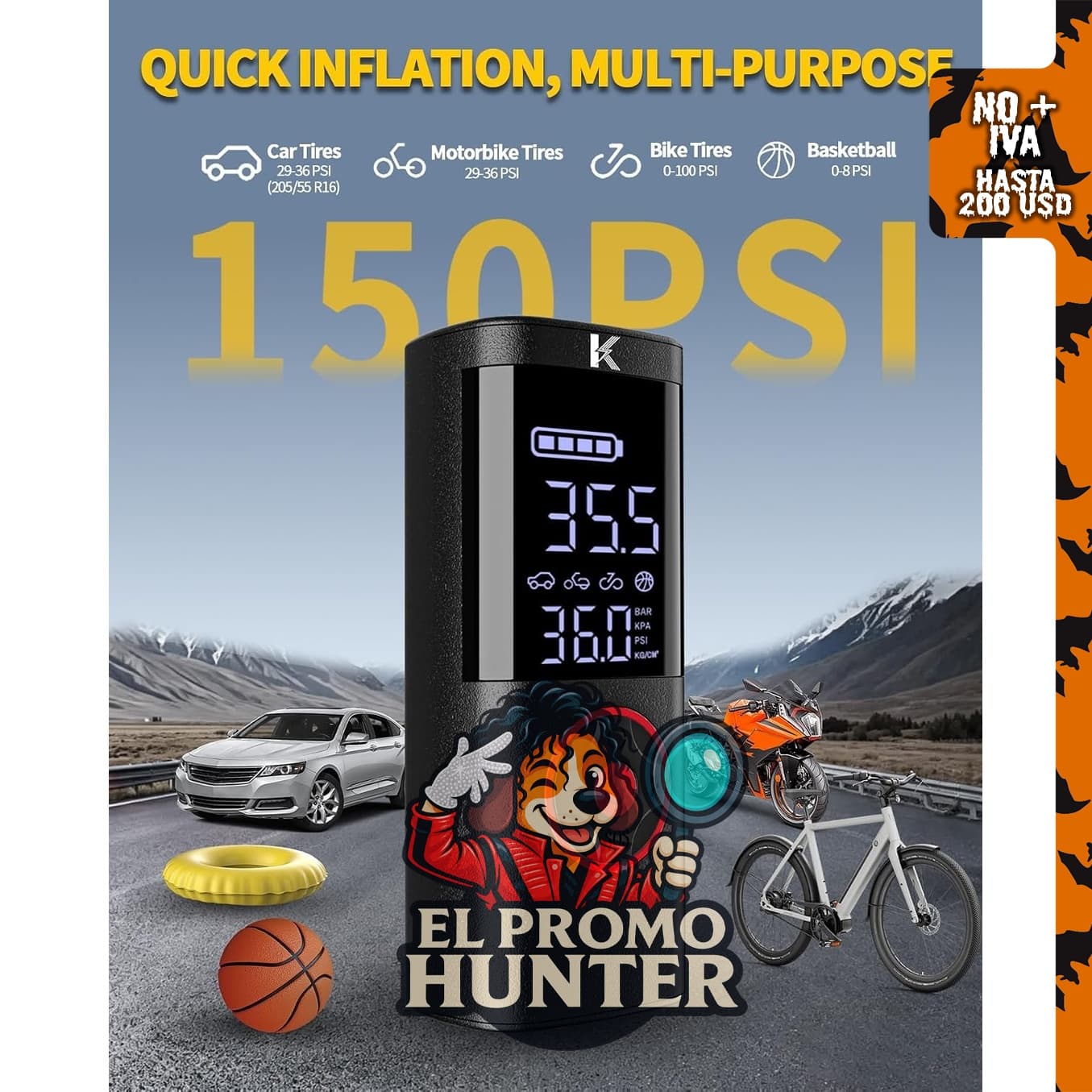 KASPARMP Inflador de neumáticos, compresor de aire portátil para coche, 150 psi.