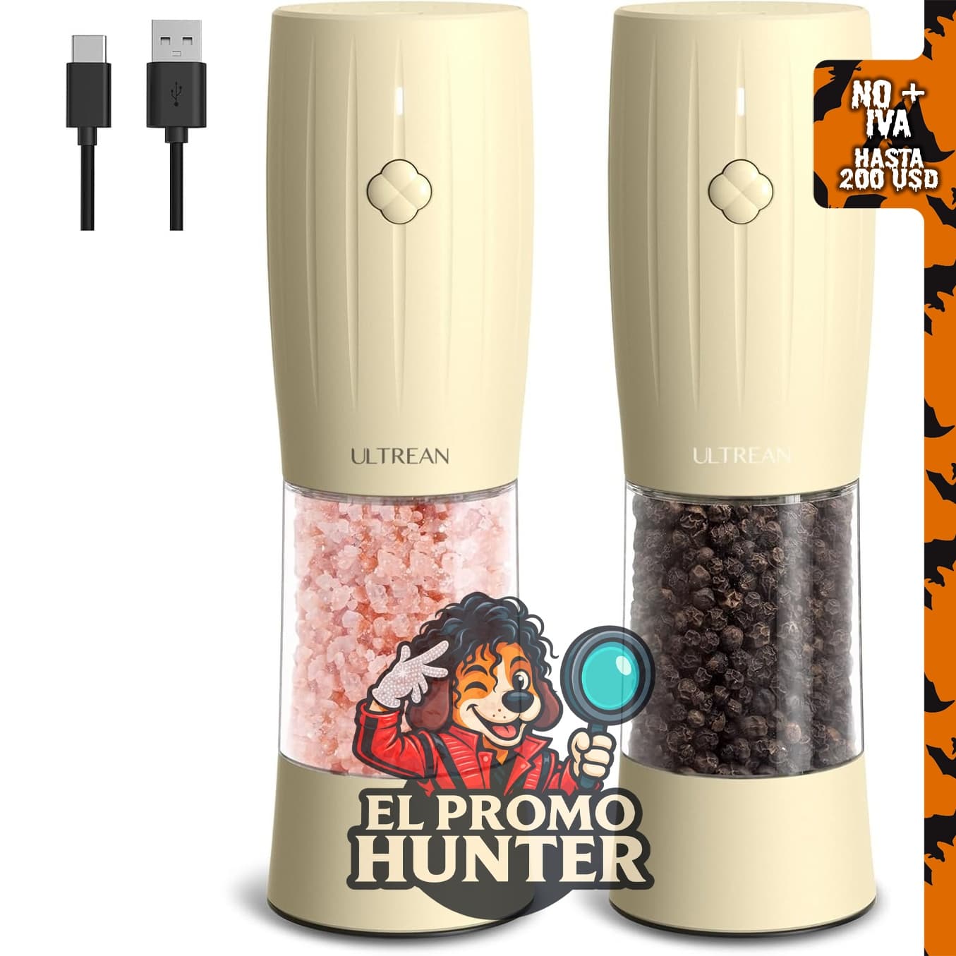 Juego de molinillo eléctrico de sal y pimienta Ultrean, recargable por USB-C, con 6 luces LED y grosor ajustable.
