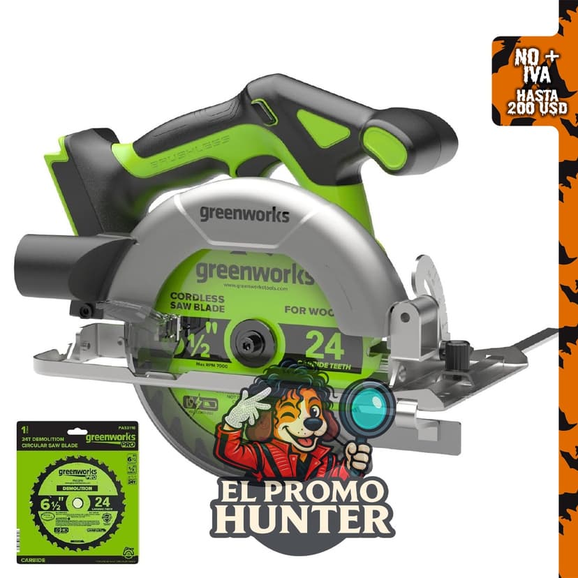 Greenworks Sierra circular de 24 V, herramienta inalámbrica de 6-1/2" (16.5 cm) con 5,000 RPM y profundidad de corte ajustable.