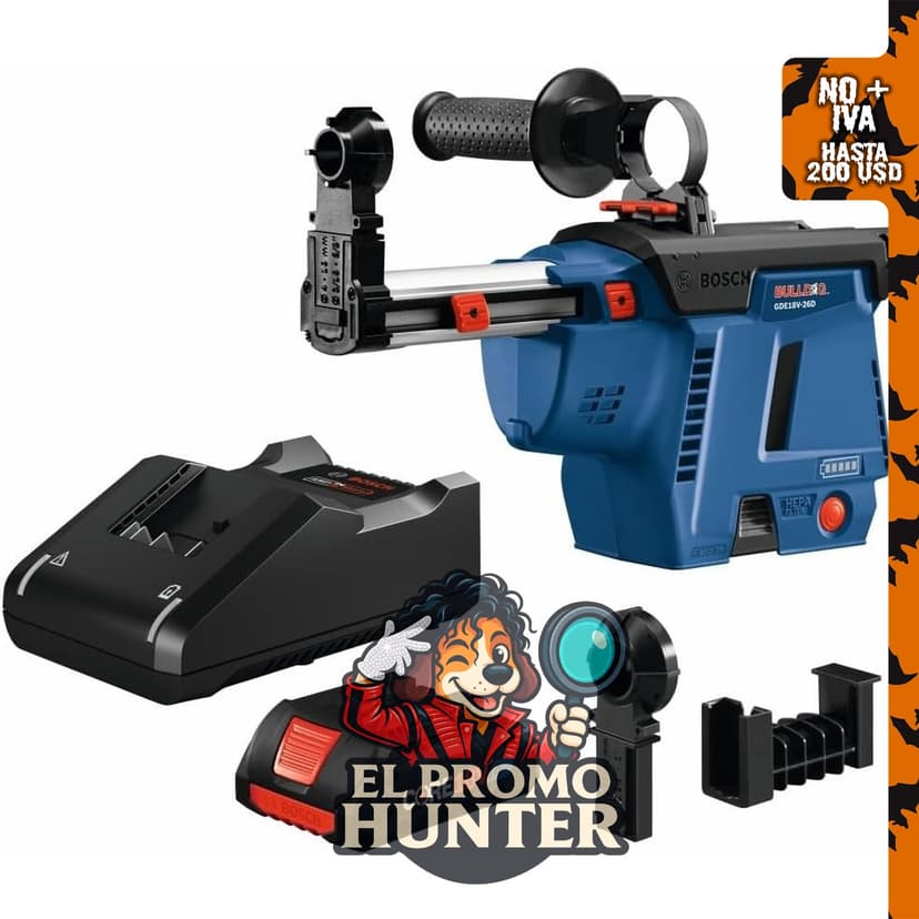 Kit extractor de polvo móvil BOSCH GDE18V-26DB15 SDS-plus® Bulldog™ con batería CORE18V® de 4 Ah.
