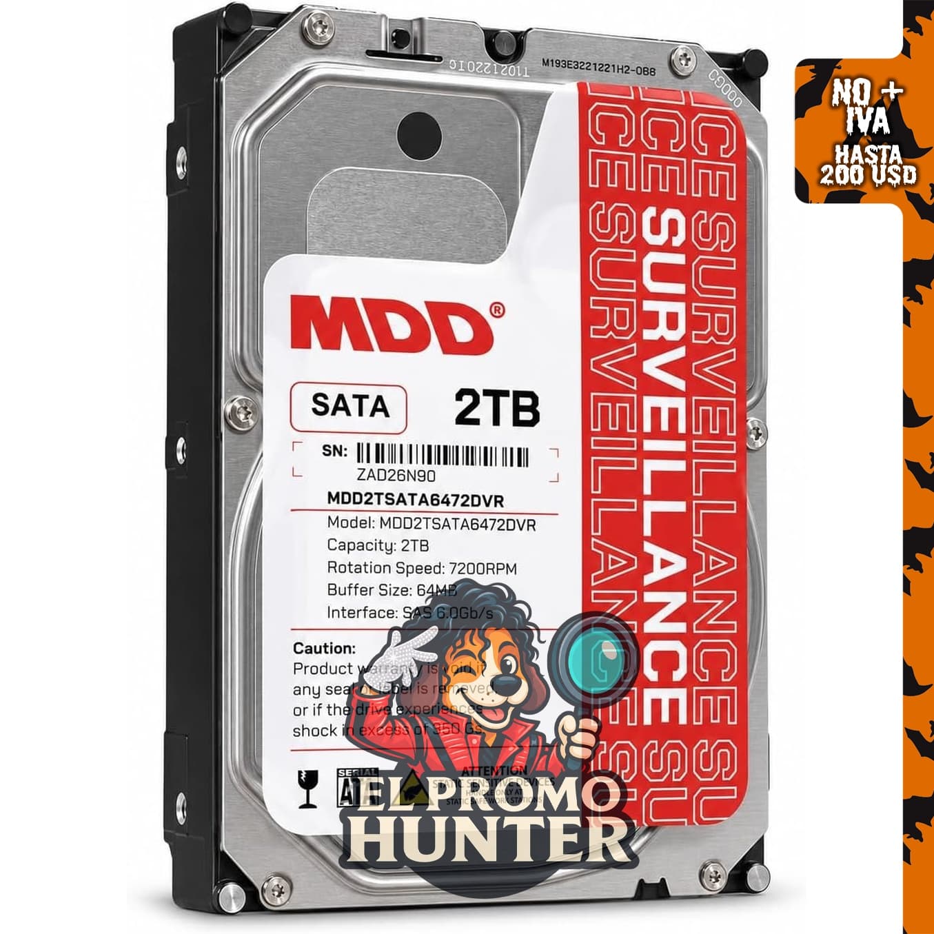 Disco duro de vigilancia interna MDD MDD2TSATA6472DVR de 2 TB, 64 MB de caché, 7200 RPM, SATA 6.0 Gb/s, 3.5 pulgadas.