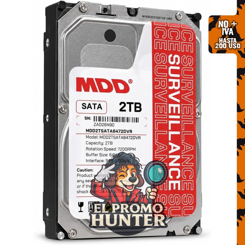 Disco duro de vigilancia interna MDD MDD2TSATA6472DVR de 2 TB, 64 MB de caché, 7200 RPM, SATA 6.0 Gb/s, 3.5 pulgadas.