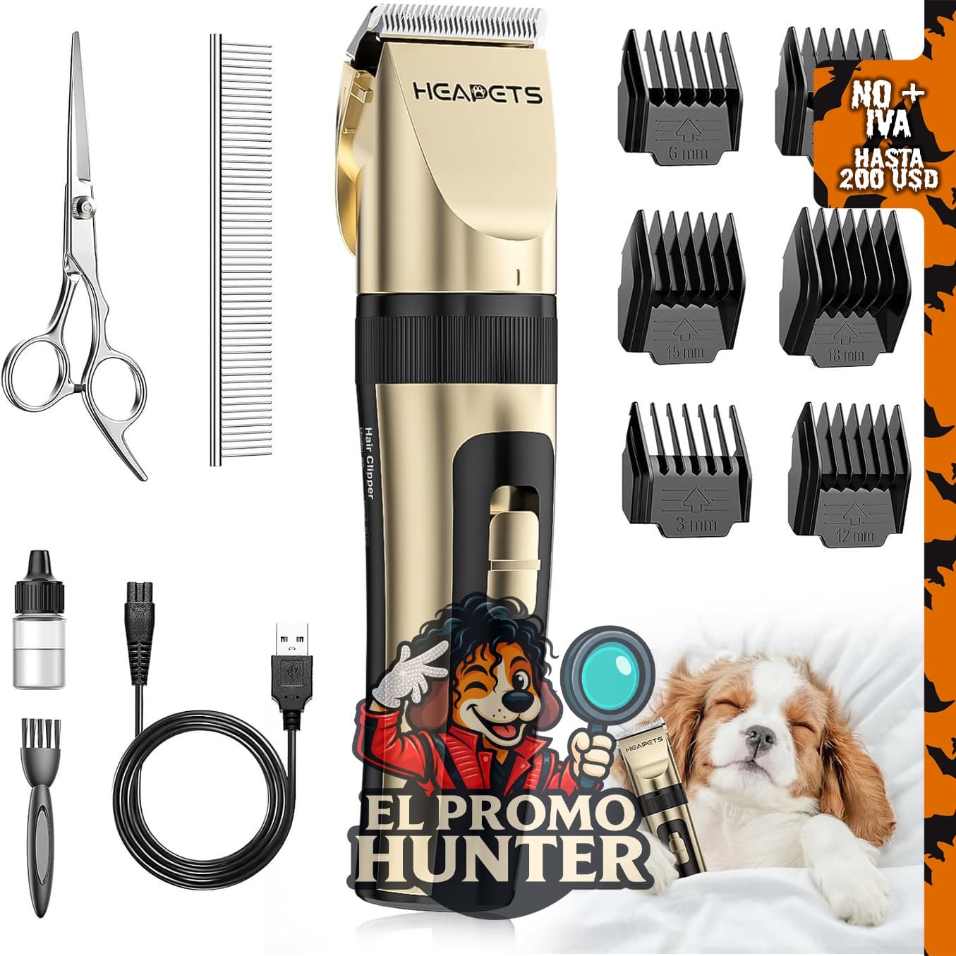 HEAPETS Cortapelos eléctrico para perros y gatos, con peine ajustable y cortaúñas recargable.