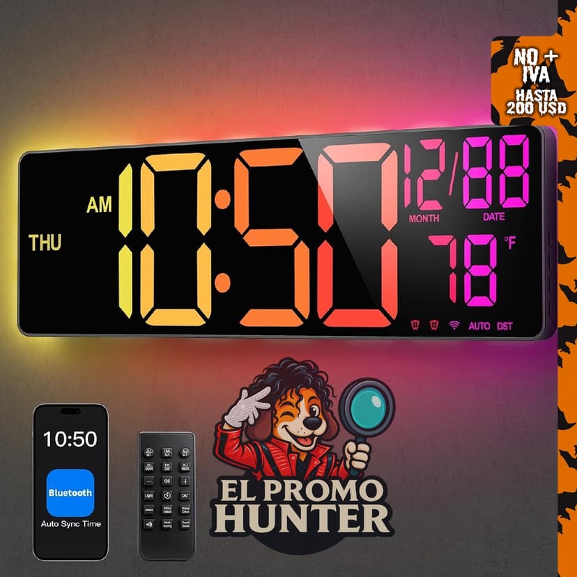 Reloj de pared digital grande con pantalla LED, ideal para aulas.