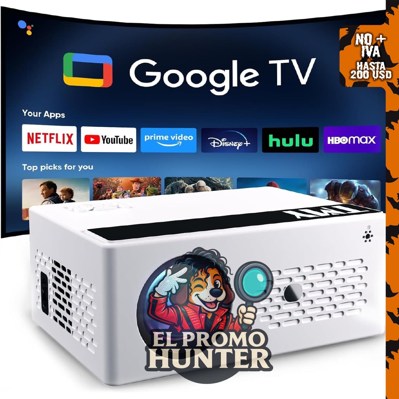 TMY Proyector inteligente con Google TV integrado, cine en casa nativo.