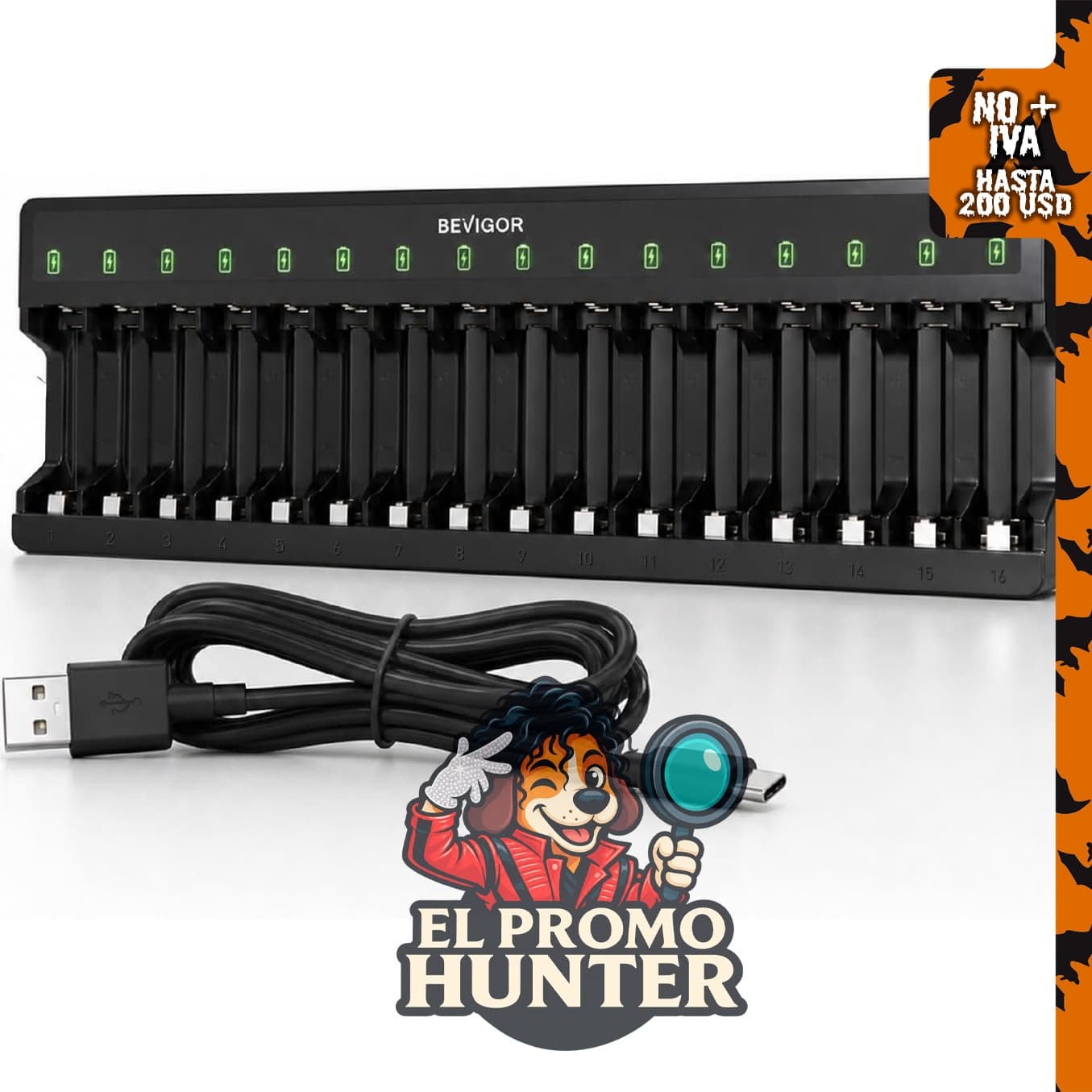 Cargador de pilas BEVIGOR de 16 bays para baterías recargables AA y AAA NiMH.