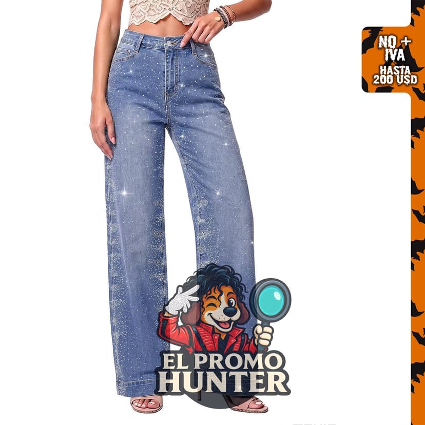 Luvamia Jeans de pierna ancha con diamantes de imitación para mujer.