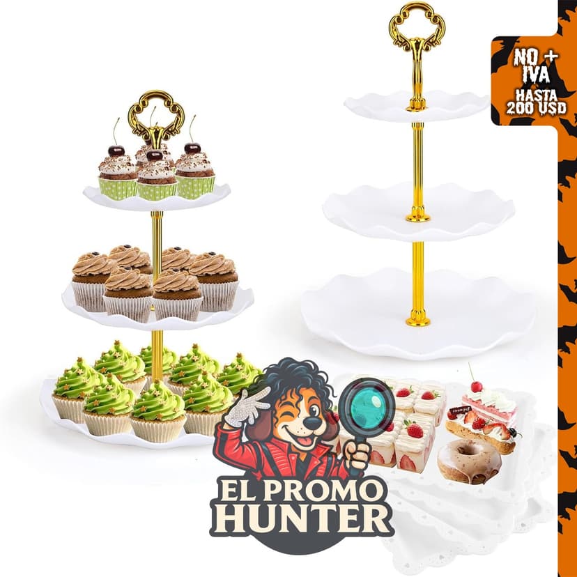 Juego de 6 soportes para cupcakes de FARQAN, incluye 2 piezas de 3 niveles y 4 bandejas para postres.