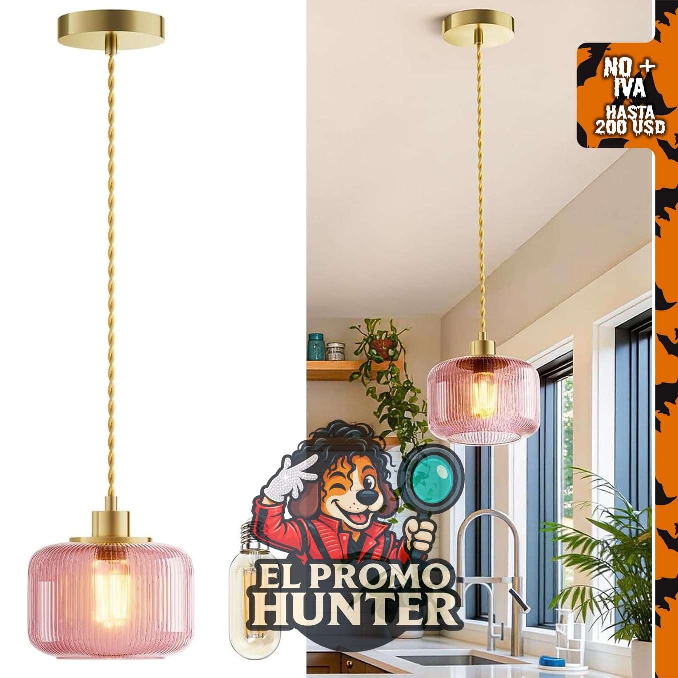 Lámpara colgante de cristal rosa, accesorio de iluminación de techo.