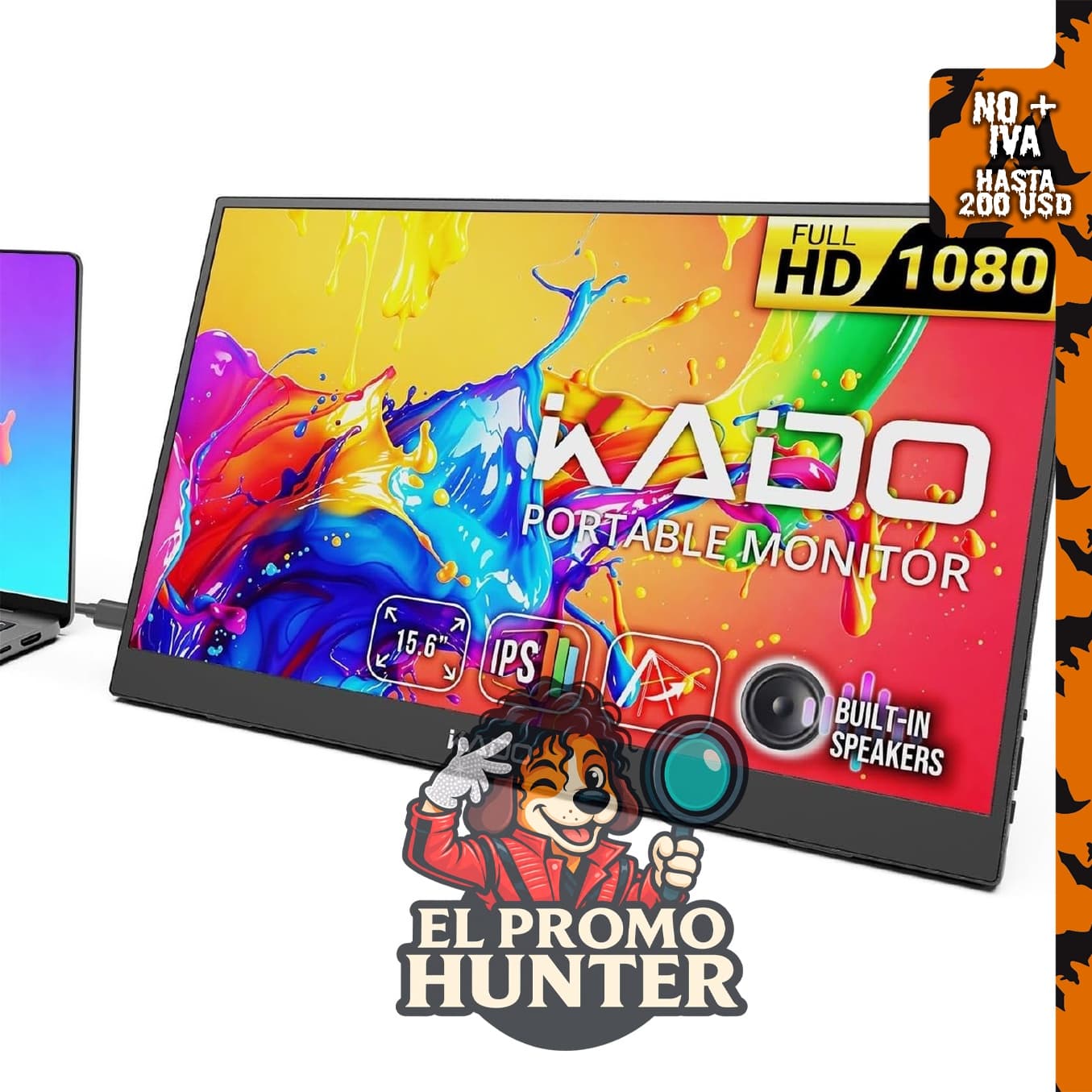 Monitor portátil Kado de 15.6 pulgadas IPS, resolución 1920x1080, para uso como segunda pantalla.