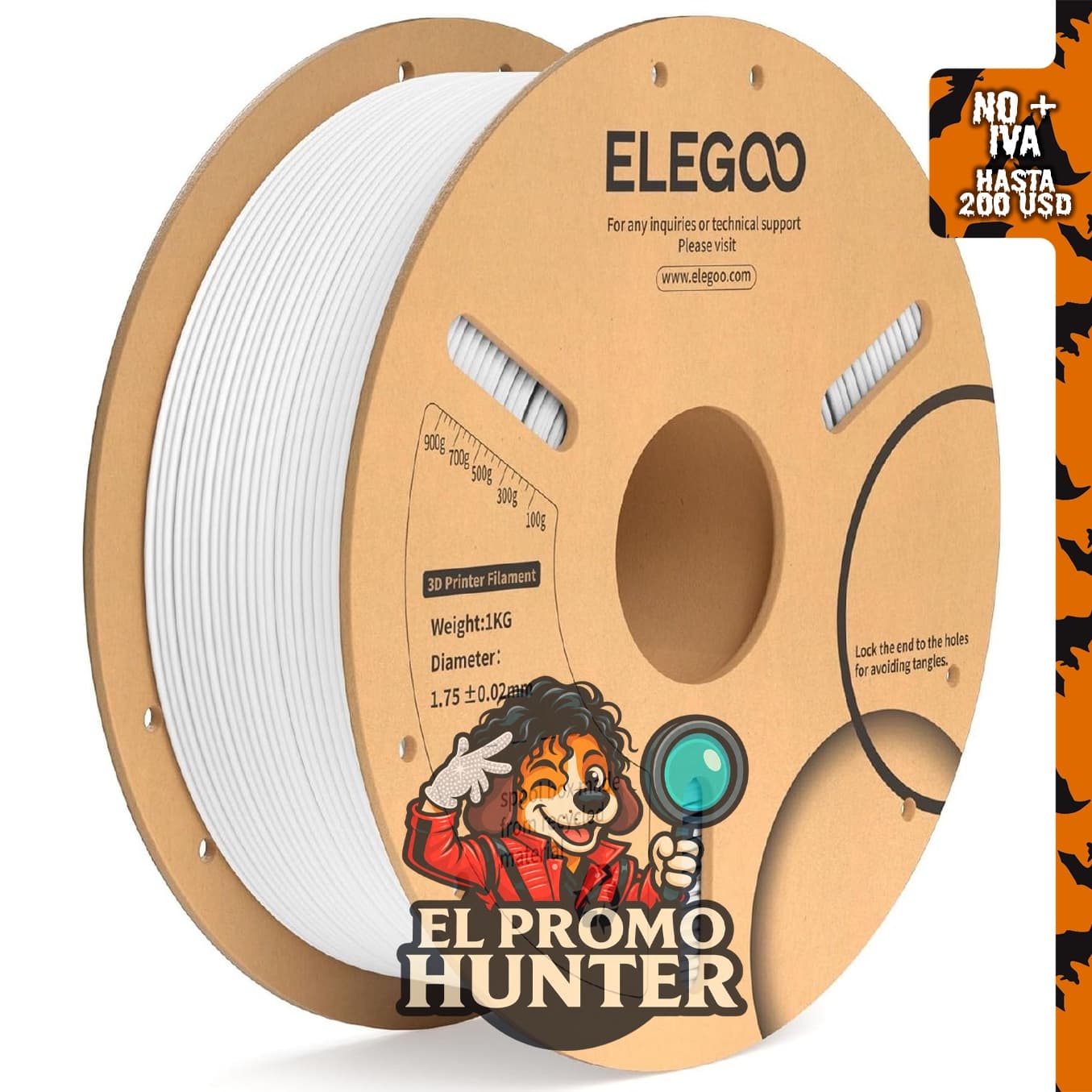 ELEGOO Filamento PLA Plus de 1.75 mm en blanco, 2.2 lb, precisión dimensional +/- 0.02 mm, compatible con impresoras 3D FDM.