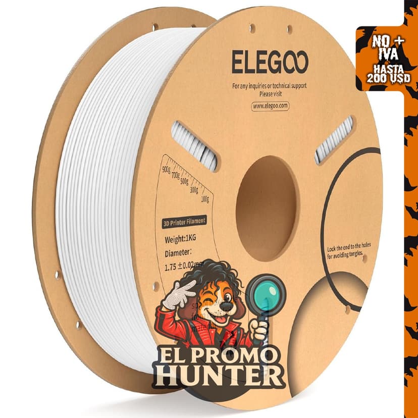 ELEGOO Filamento PLA Plus de 1.75 mm en blanco, 2.2 lb, precisión dimensional +/- 0.02 mm, compatible con impresoras 3D FDM.