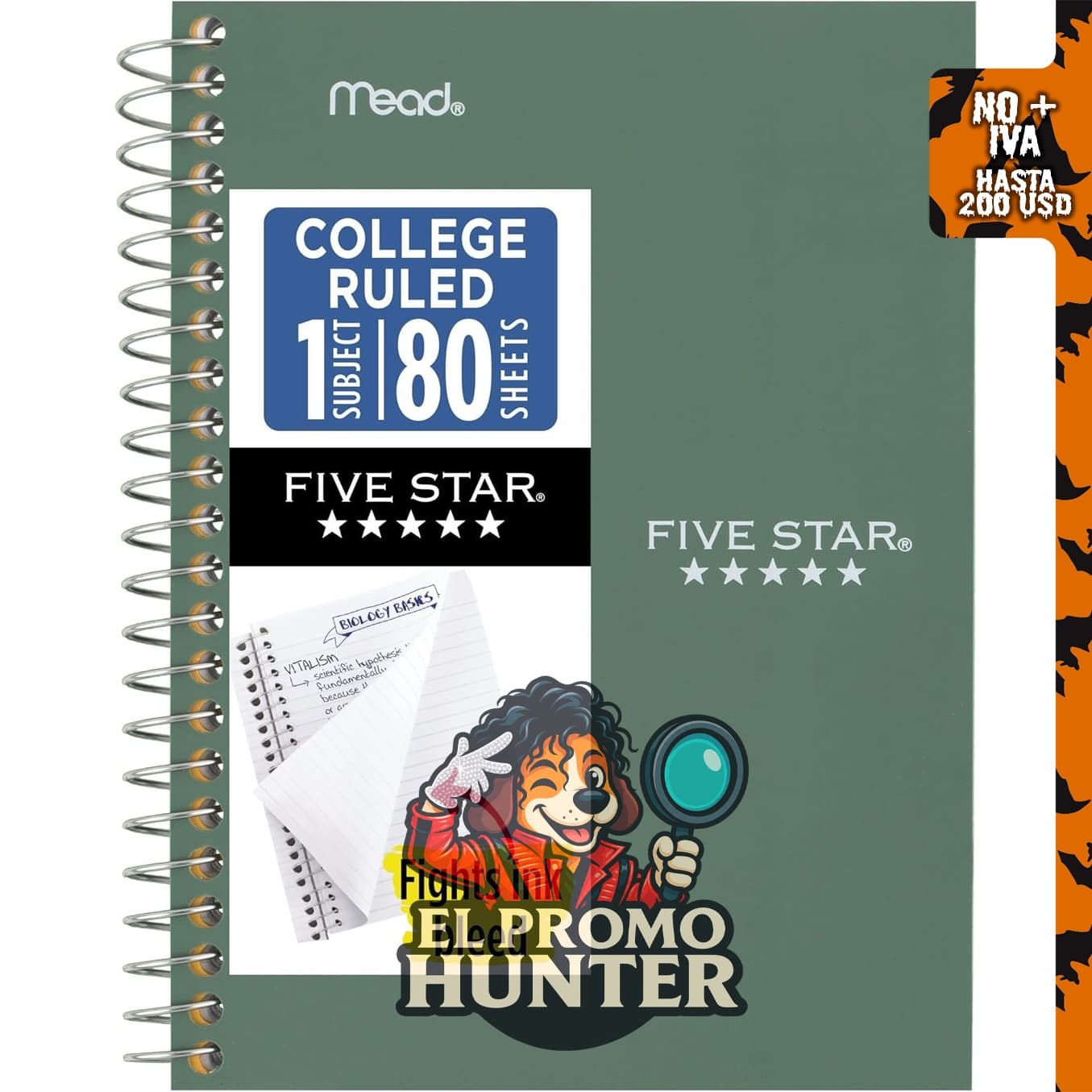 Cuaderno Five Star de espiral, 1 materia, papel de rayas universitarias, 4-3/8" x 7" (11.1 cm x 17.8 cm), 80 hojas.
