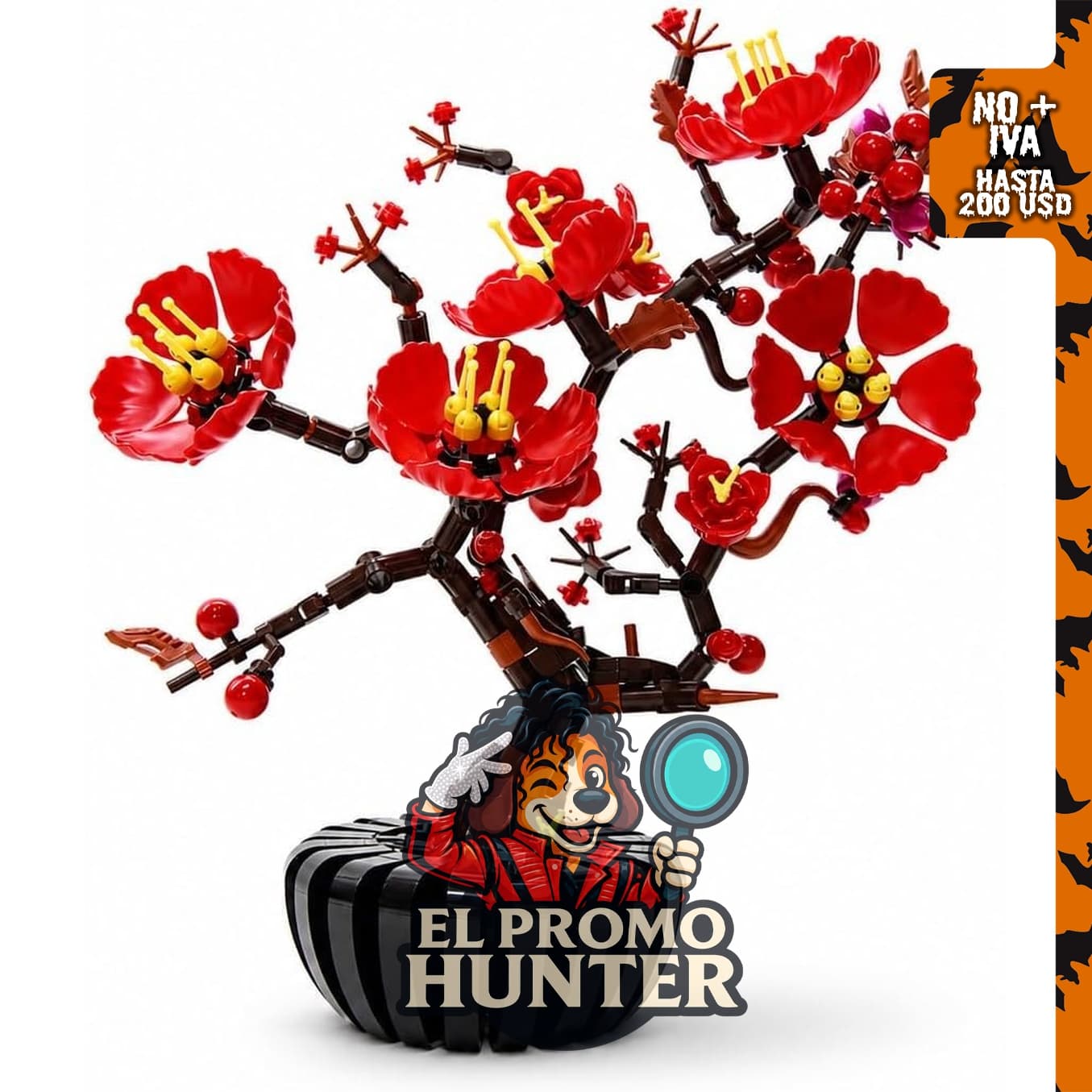 Juego de construcción de flores de ciruelo, 599 piezas, flores artificiales rojas con maceta negra.