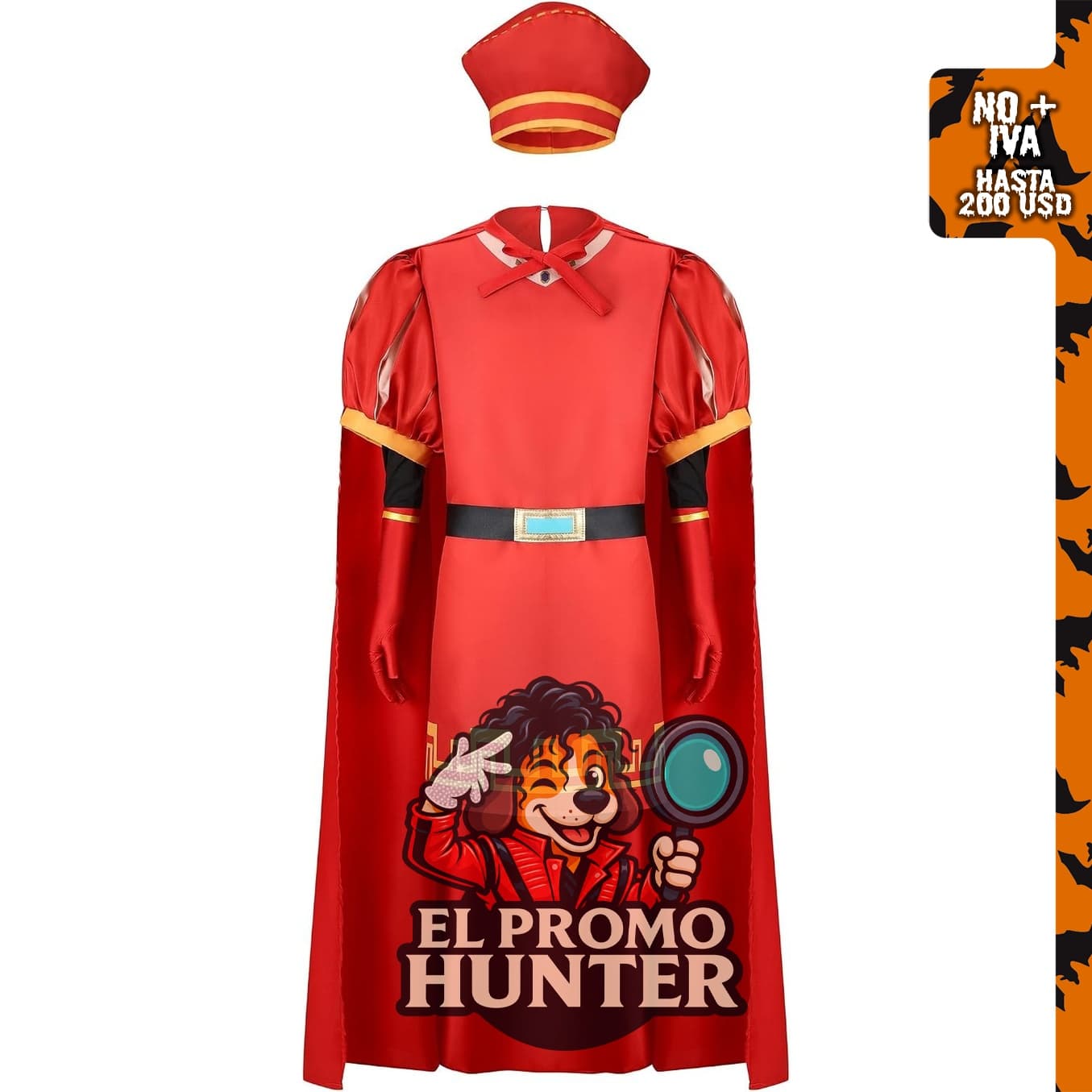 Disfraz de hombre adulto con sombrero de rey negro, capa roja, guante, bata y gorro.