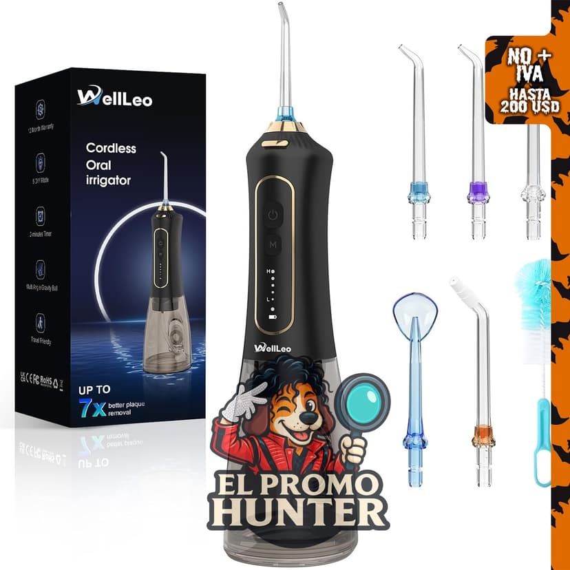 WellLeo irrigador dental inalámbrico de 300 ml con 5 modos y 5 puntas de chorro, impermeable IPX7.