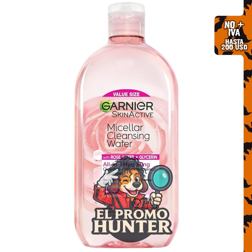 Garnier Agua Micelar con Agua de Rosa y Glicerina, limpiador facial hidratante y desmaquillante, 700 mL.