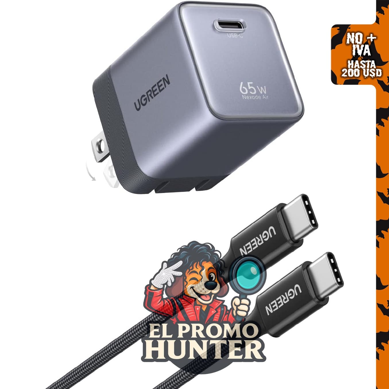 UGREEN Nexode Air - Cargador USB C GaN de 65 W con cable de 1 m.