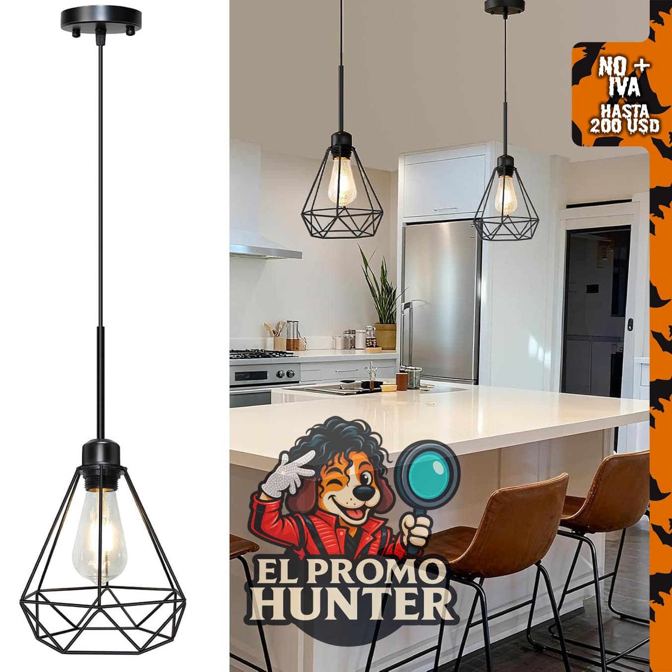 Lámpara colgante Maliralt con pantalla de diamante de metal negro, ajustable para decoración del hogar.