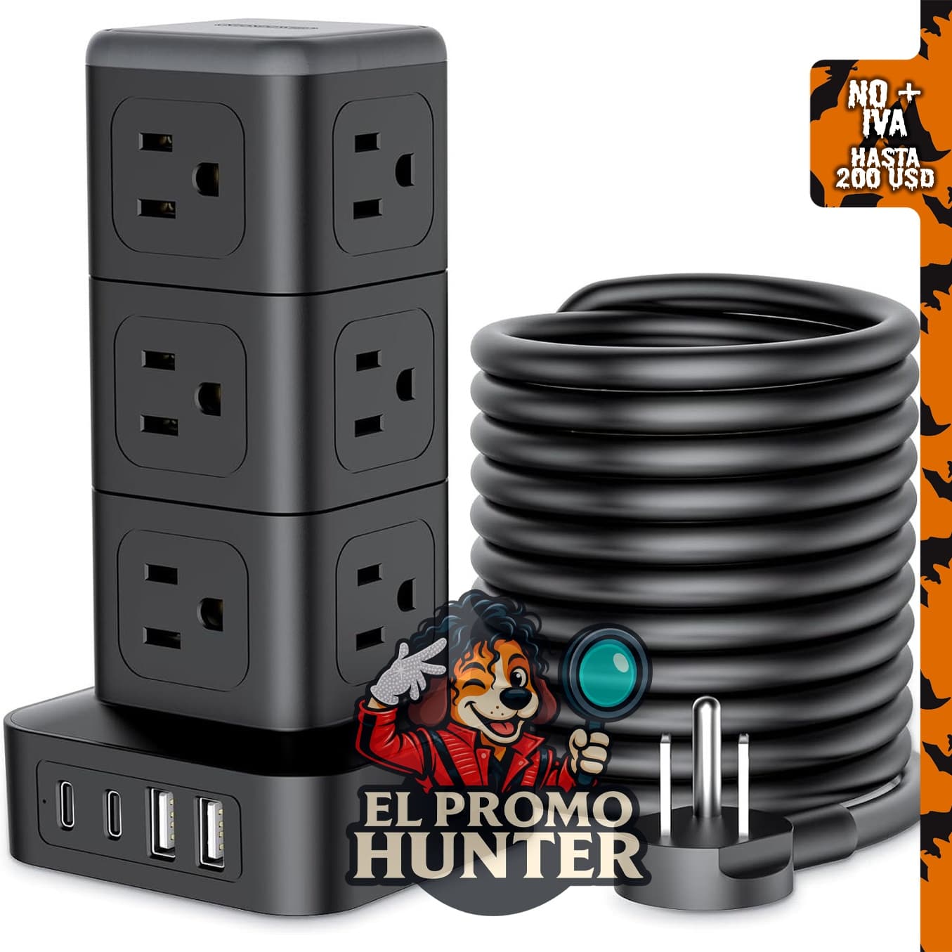 NTONPOWER Regleta protectora contra sobretensiones de 15 pies, con 12 salidas AC y 4 puertos USB (2 USB C), protección de 1625 W/13 A.