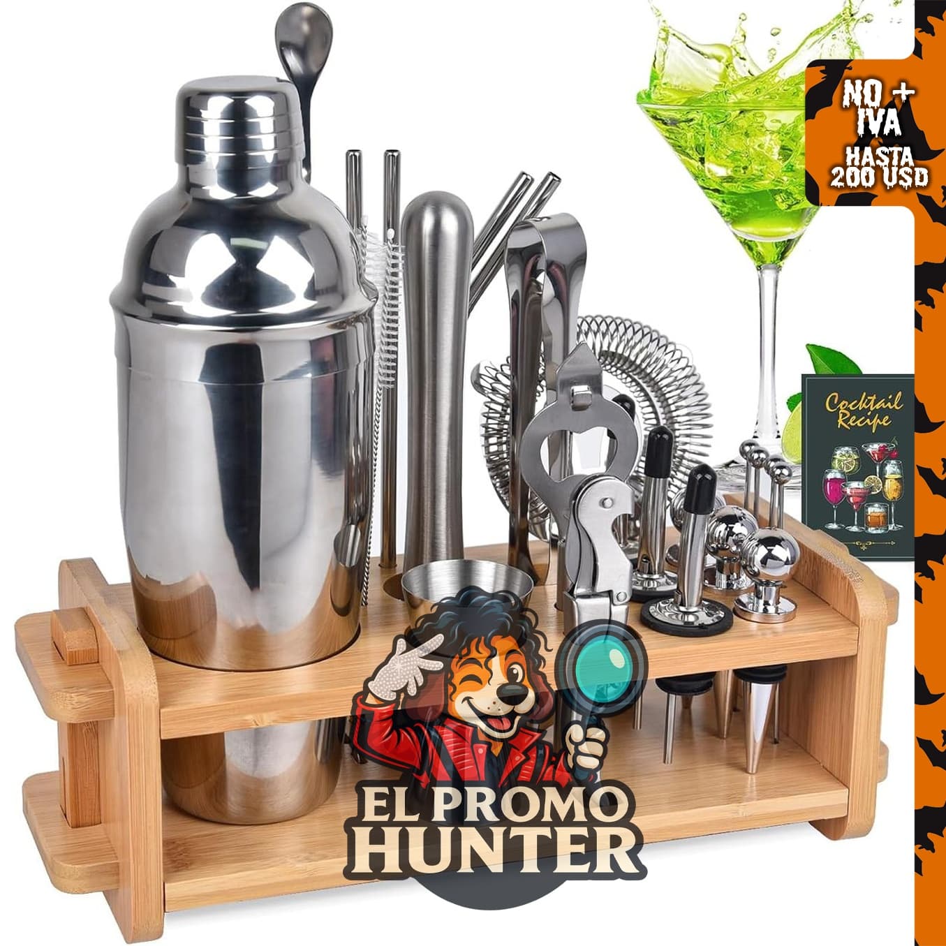 Juego de 30 piezas de barman mixología con soporte y coctelera de 25 onzas.