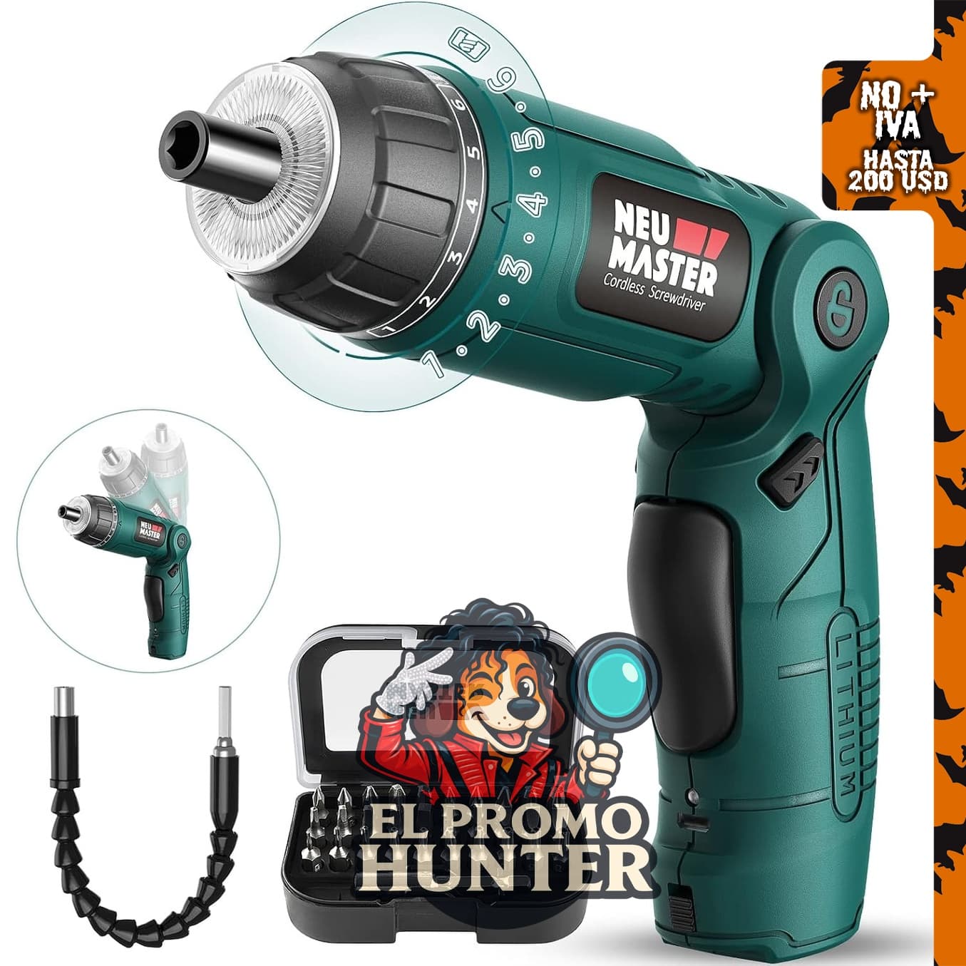 NEU MASTER Destornillador eléctrico recargable de 4 V con mango giratorio y luz LED, incluye 32 puntas y ajuste de par 6+1.