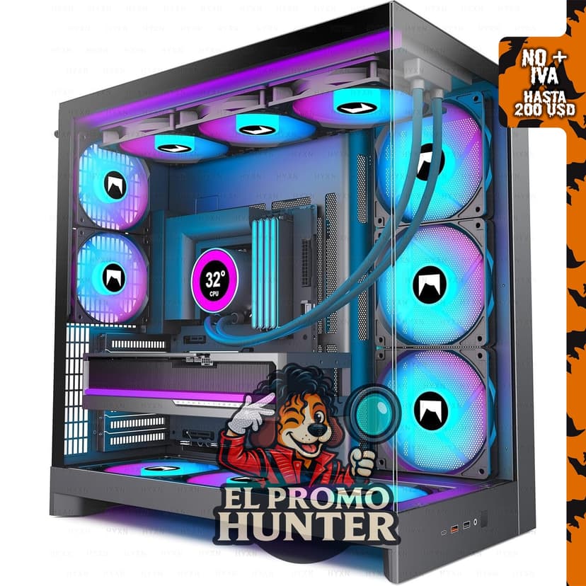 H2 (2026) HYXN ATX Funda para PC, carcasa de media torre ATX con 8 ventiladores PWM ARGB preinstalados.