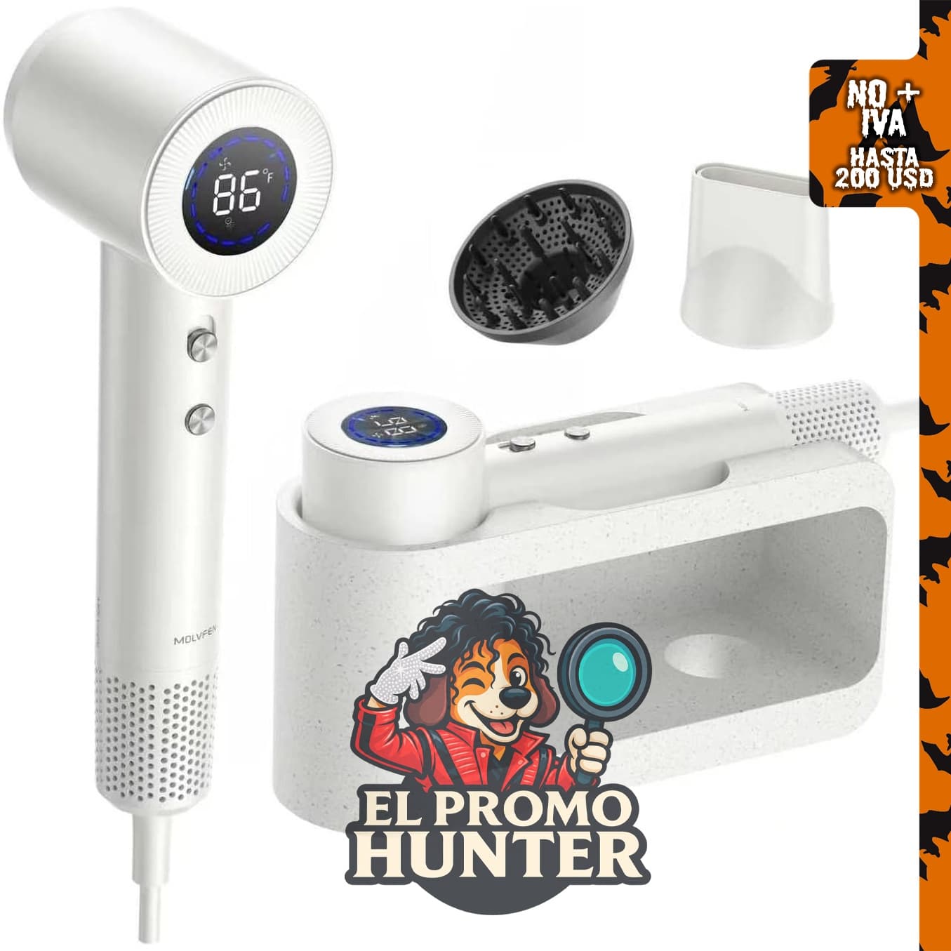 Secador de pelo y secador de manos 2 en 1 MOLVFEN, con tecnología iónica y difusor magnético.