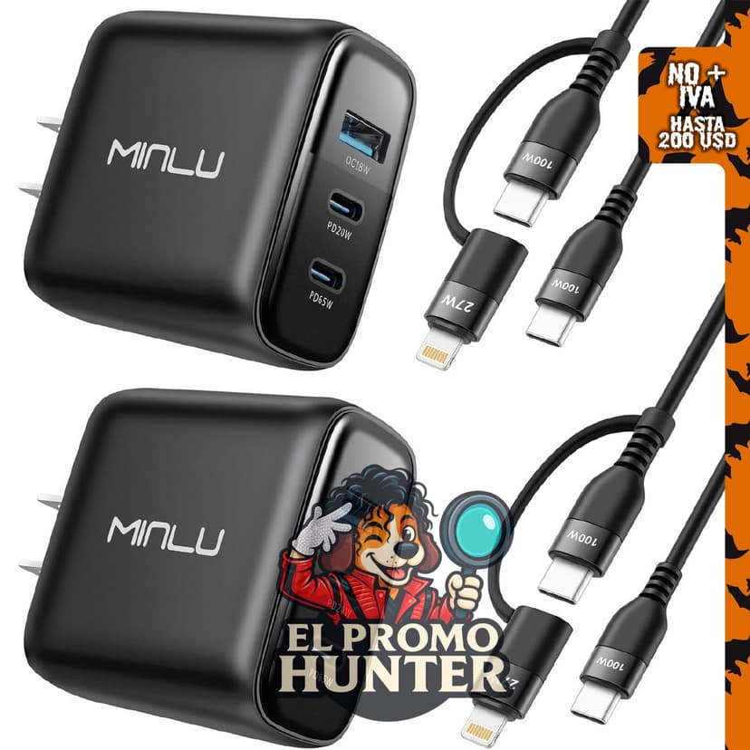 MINLU GaN Cargador USB C de 65 W, compacto, 3 puertos PPS, incluye cable USB-C a C/L 2 en 100 W.