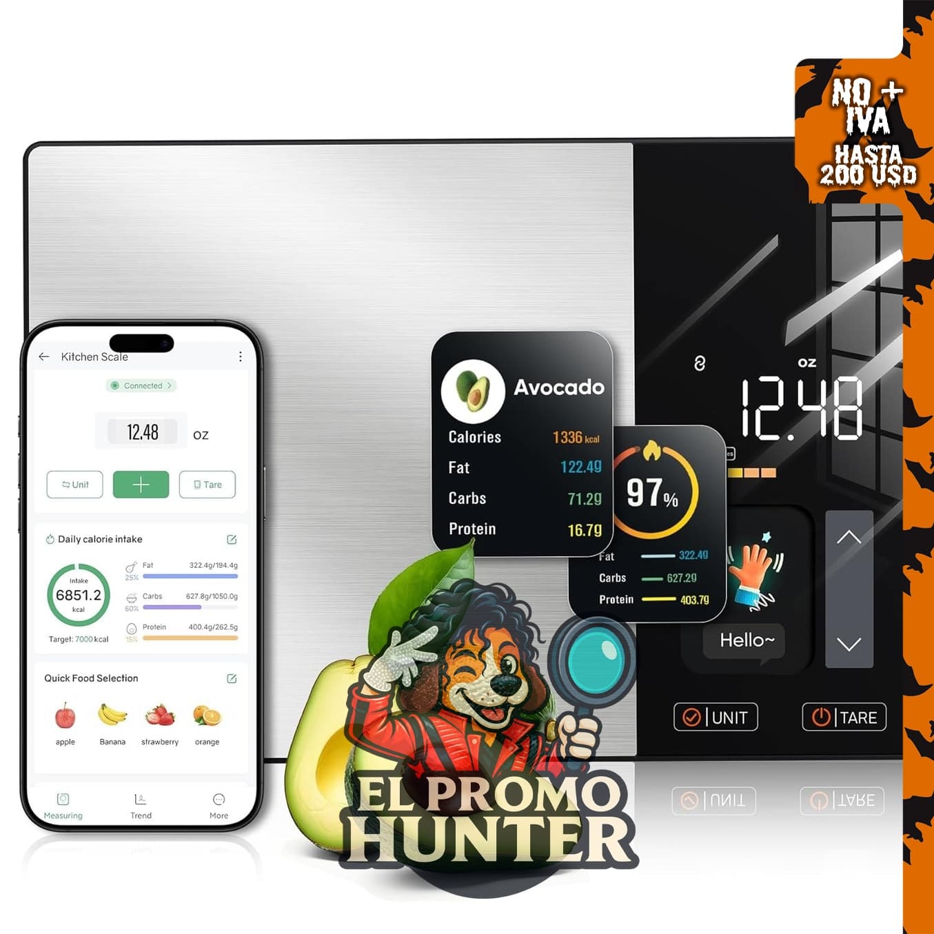 Báscula de cocina con calculadora nutricional y pantalla TFT, rastrea 23 nutrientes.
