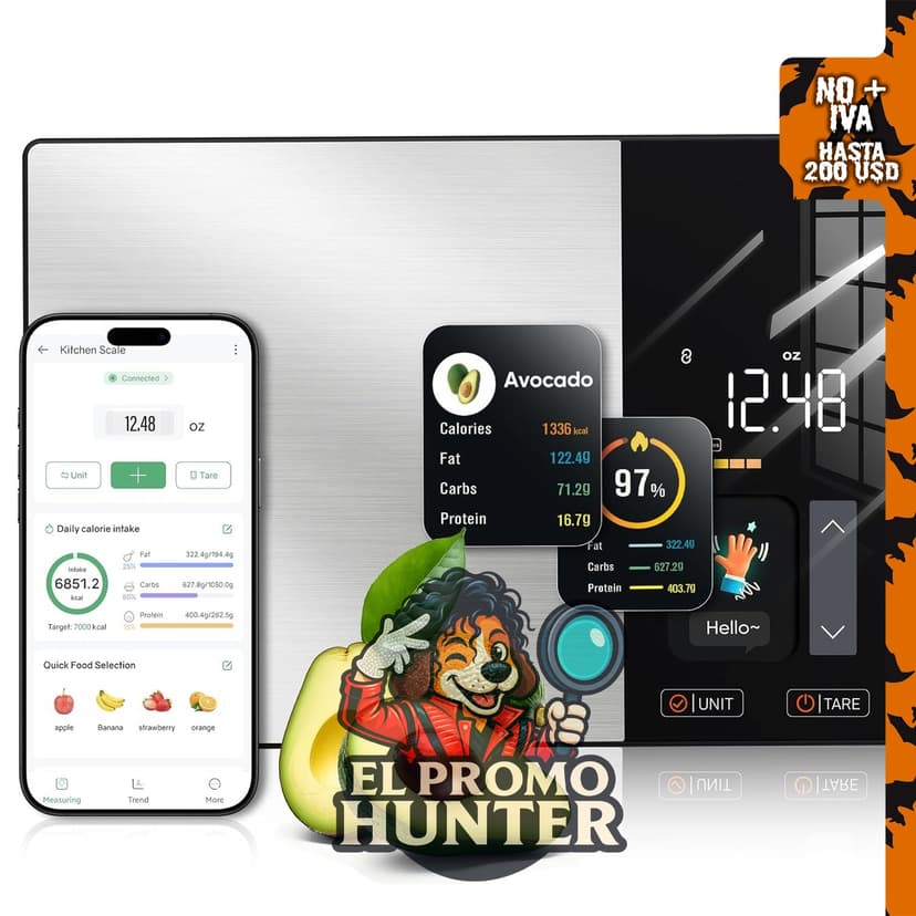 Báscula de cocina con calculadora nutricional y pantalla TFT, rastrea 23 nutrientes.