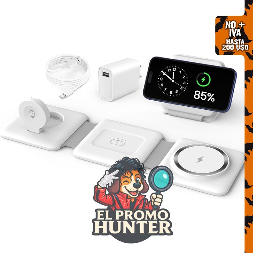 Estación de carga inalámbrica magnética 3 en 1 para dispositivos Apple, compatible con iPhone, Apple Watch y AirPods.