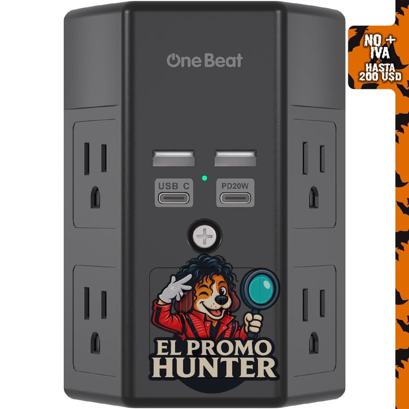 One Beat extensor de salida de pared con 5 salidas y 4 puertos USB (20 W USB-C PD), 1680J.