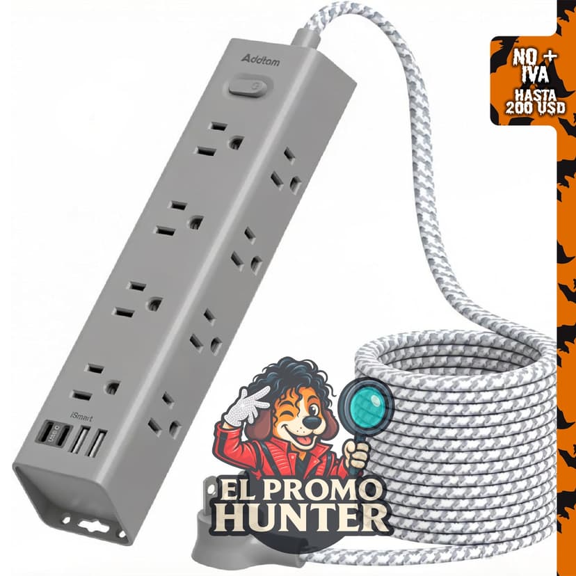 Addtam Regleta protectora de sobretensiones gris con 12 salidas de CA y 4 puertos USB, cable de extensión de 15 pies.