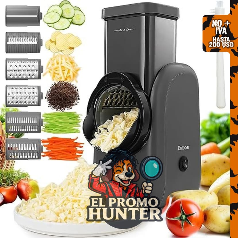 Rallador eléctrico de queso y cortador rotativo de verduras con 6 cuchillas de acero inoxidable.