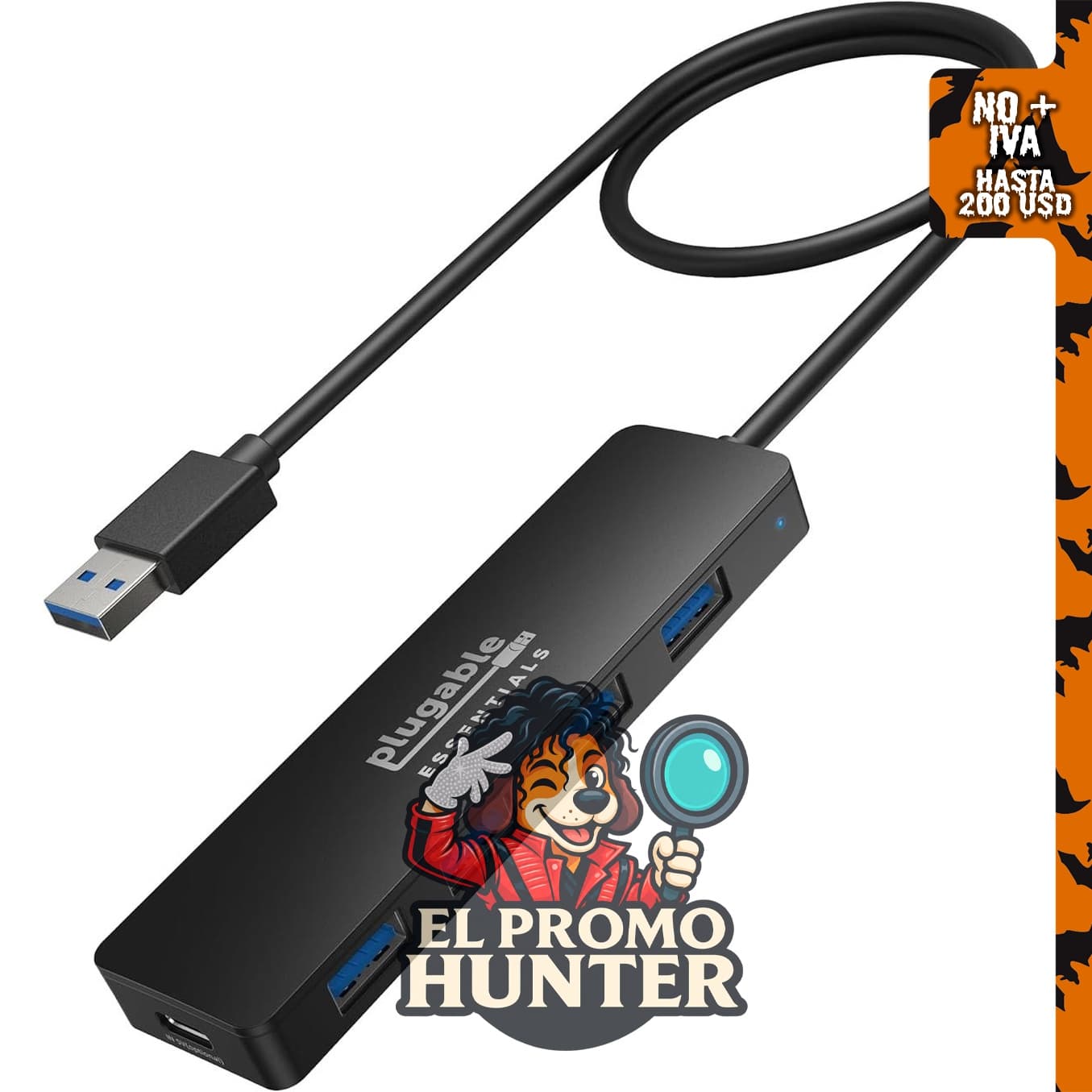Hub USB A 3.0 Plugable 4-en-1 con 4 puertos USB-A, longitud de 2 pies.