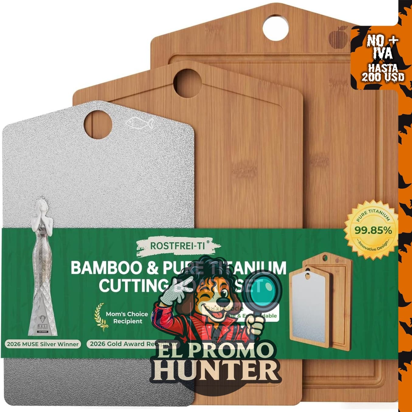 Juego de tablas de cortar de bambú carbonizado Titanium para cocina.