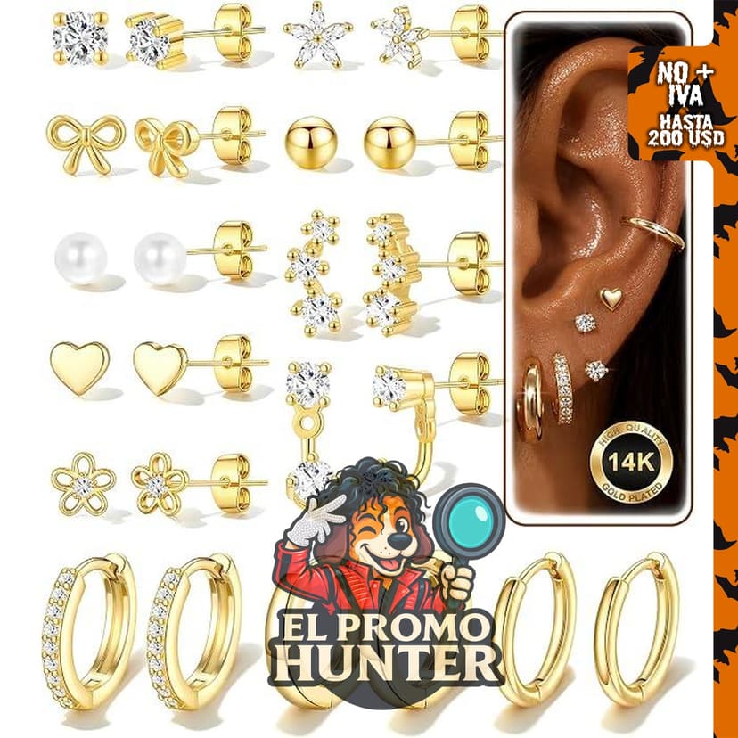 Juego de 12 pares de aretes pequeños, hipoalergénicos, chapados en oro de 14.