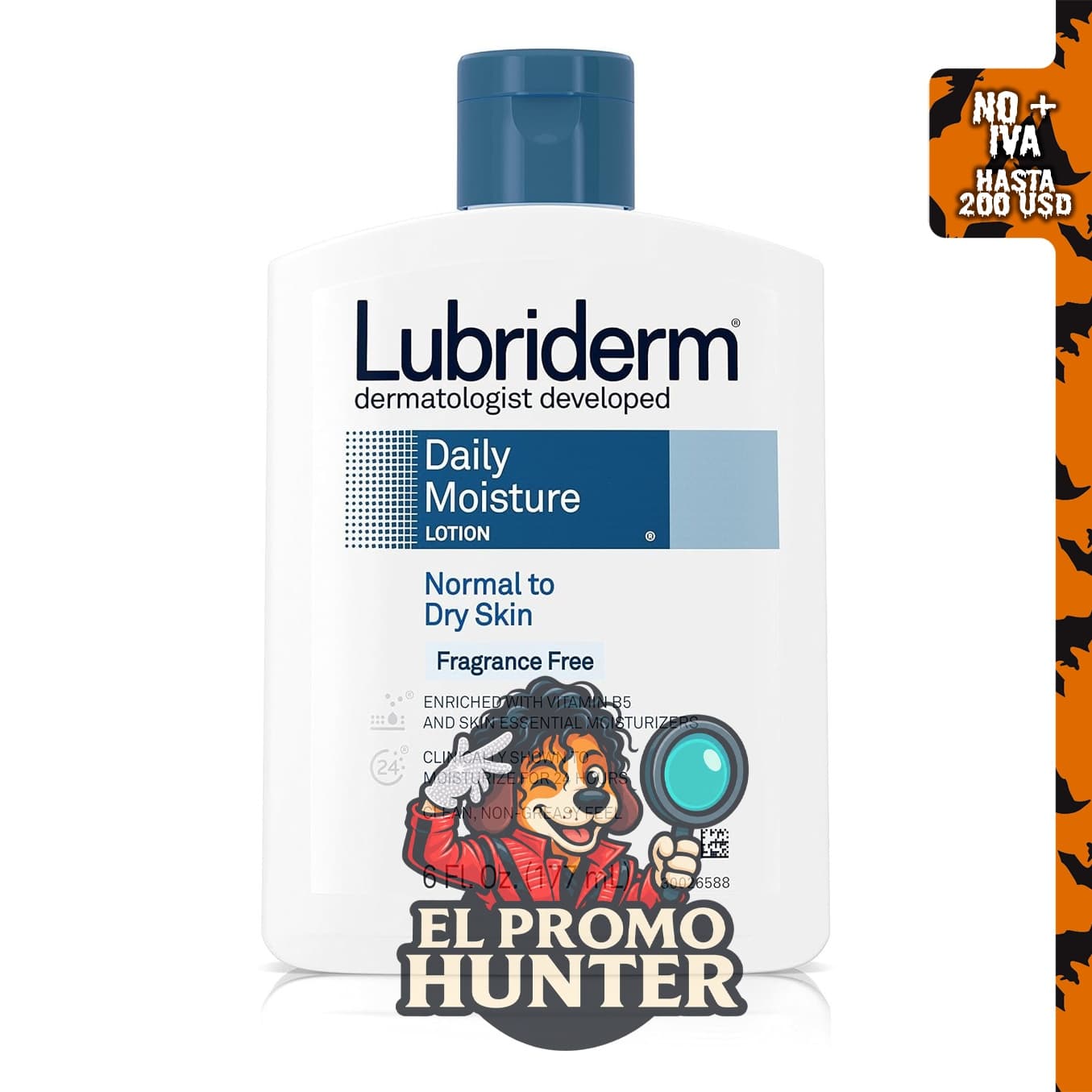 Lubriderm loción hidratante para piel normal a seca, sin olor.